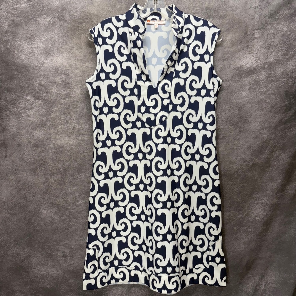 Jude Connally Navy Blue White Ikat Scroll Sleeveless Shift Dress Size S Nylon